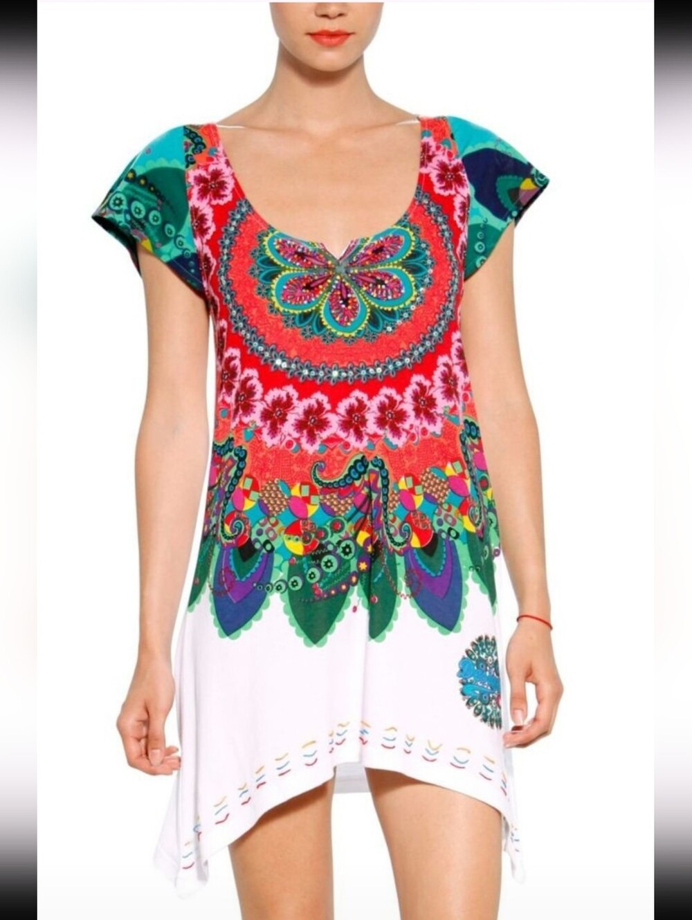 Desigual Multicolor Scoop Neck Boho Tunic - Red, Green, Teal, Purple, White